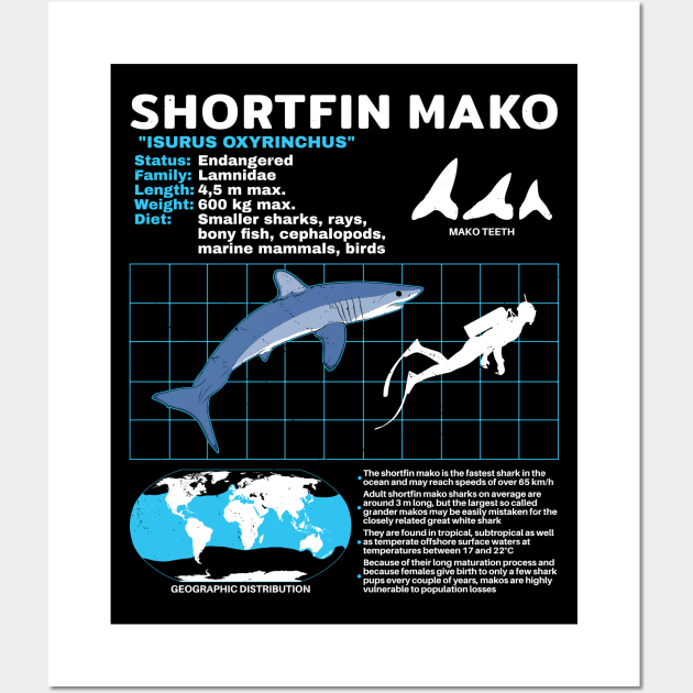 Shortfin Mako Shark Fact Sheet Wall Art by NicGrayTees